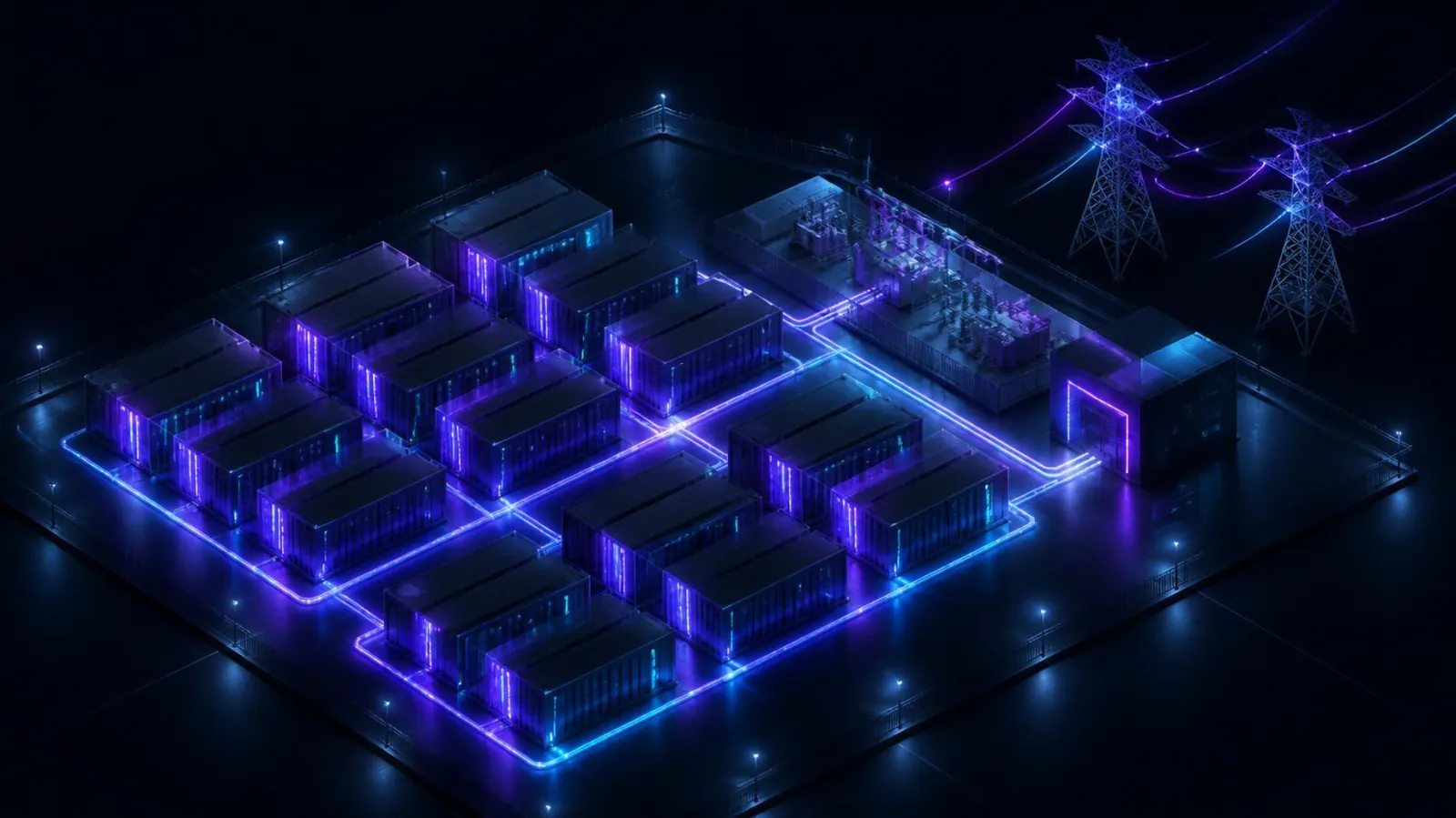 Illustration of a utility-scale battery energy storage site connected to the grid